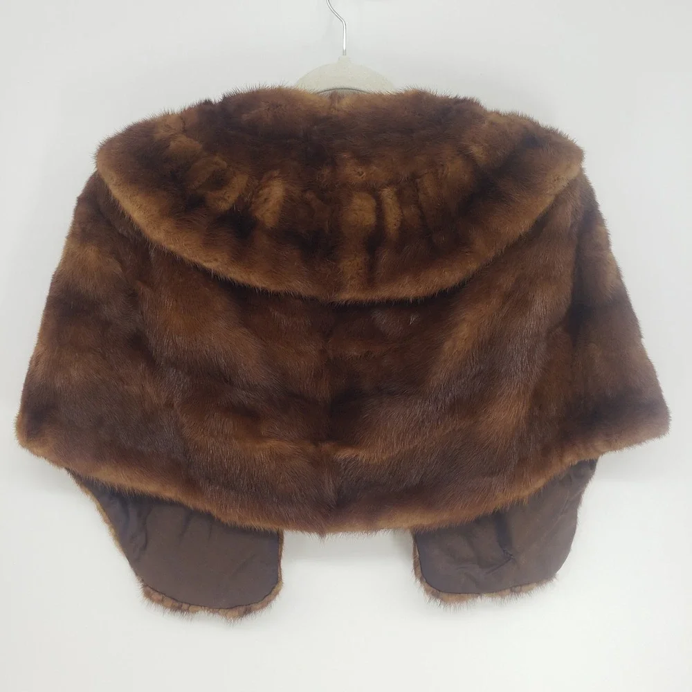 Vintage 50s 60s Mink Fur Cape Women's OS Brown Shawl Collar Stole Wrap Glam